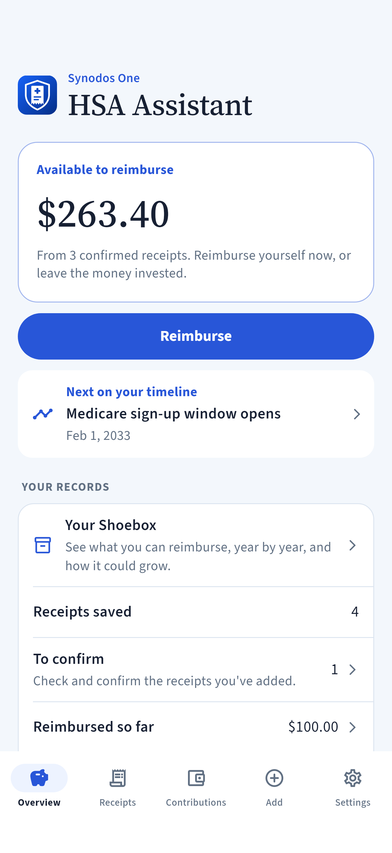 HSA Assistant Overview screen in light appearance: $263.40 available to reimburse from 3 confirmed receipts, a Reimburse button, the next date on your timeline and a summary of your records