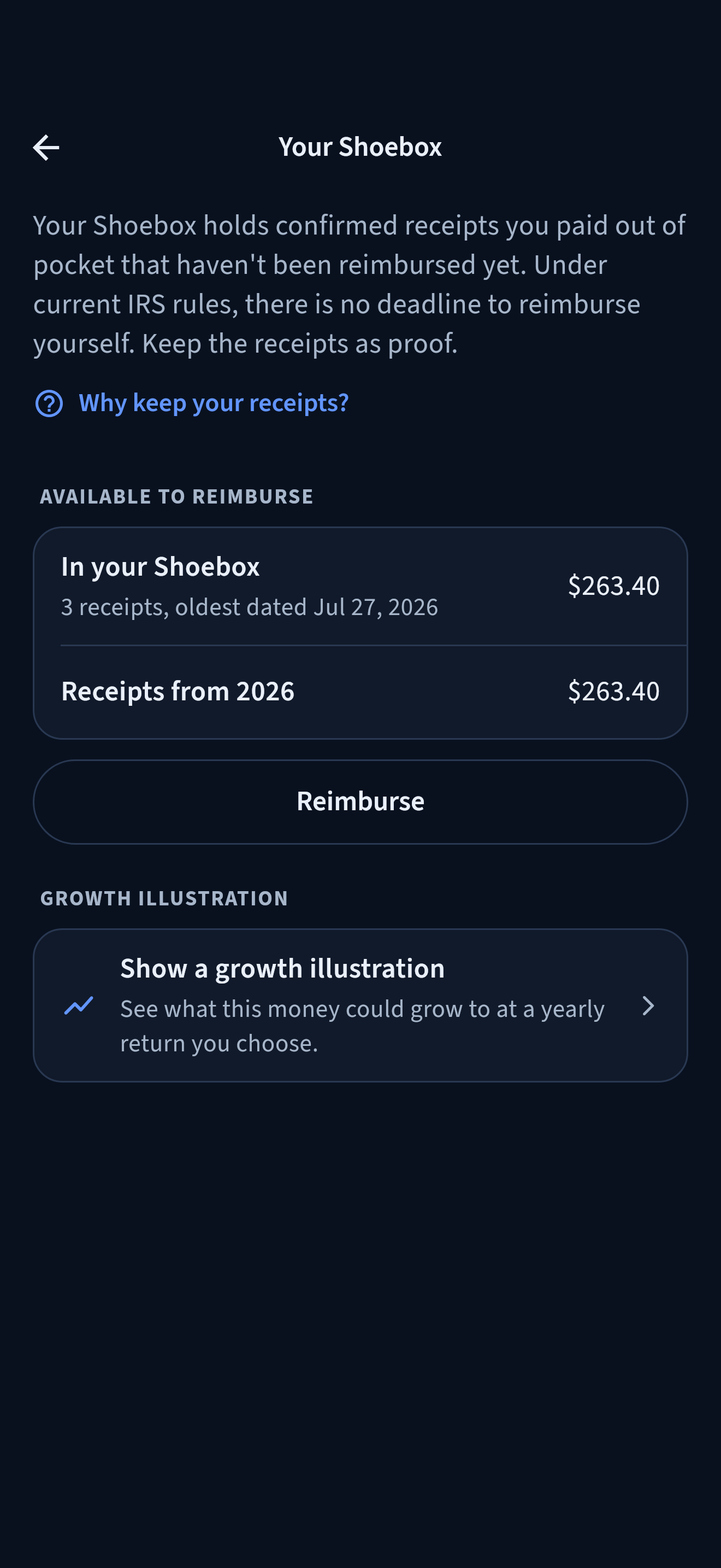 HSA Assistant Your Shoebox screen in dark appearance: $263.40 available to reimburse from 3 receipts, the oldest dated July 2026, and a growth illustration at a 7% yearly return you chose