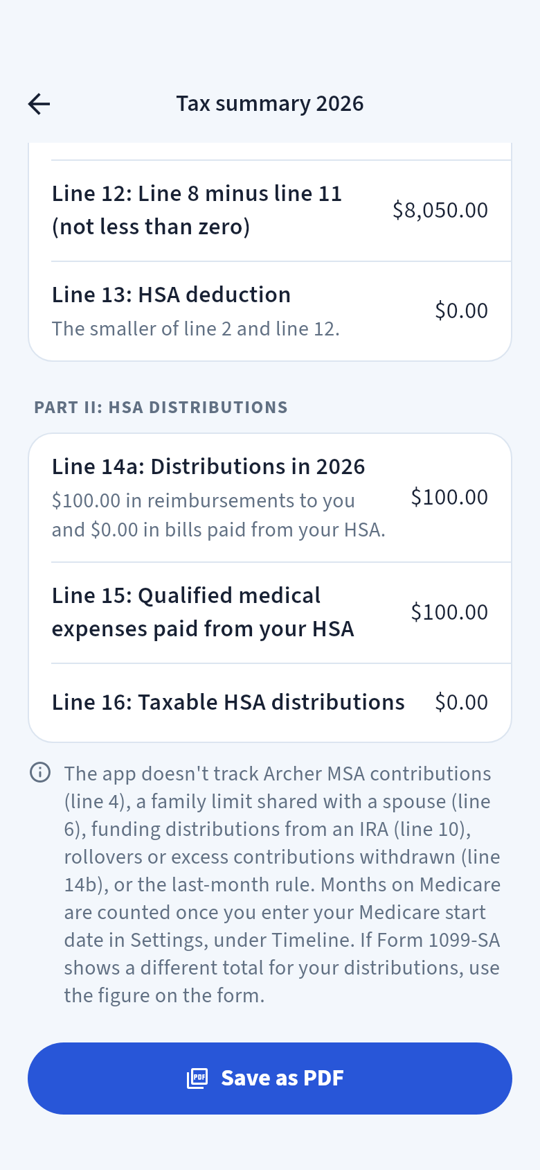 Tax summary Part II: HSA distributions, with Line 14a distributions $100.00, Line 15 qualified medical expenses paid from your HSA $100.00, Line 16 taxable HSA distributions $0.00, and Save as PDF