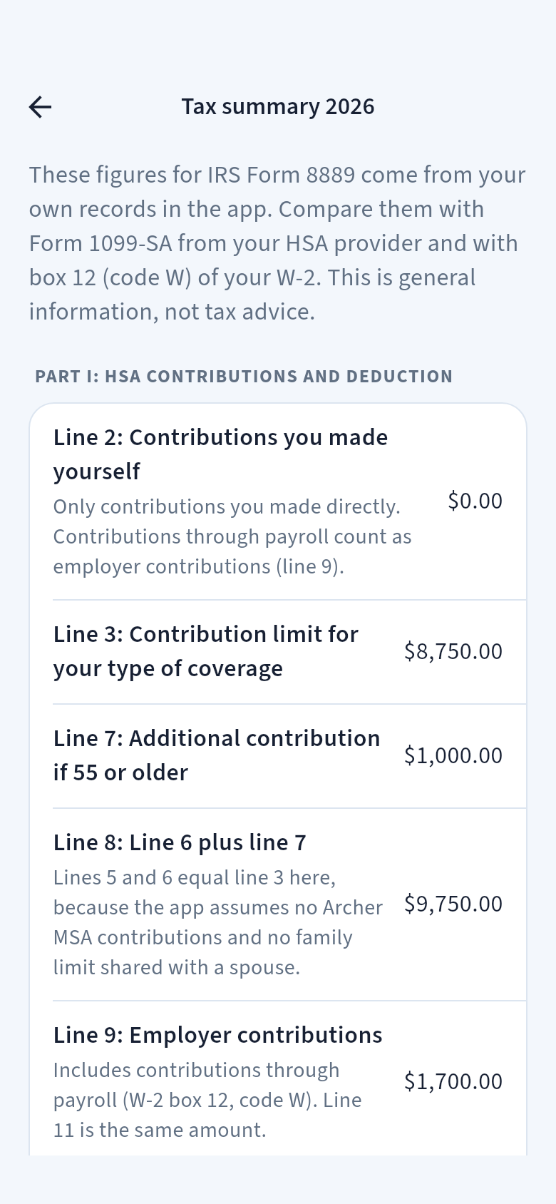 Tax summary 2026 screen: Part I: HSA contributions and deduction, with Line 2, Line 3 contribution limit for your type of coverage $8,750.00, Line 7 additional contribution if 55 or older $1,000.00, Line 8, and Line 9 employer contributions $1,700.00